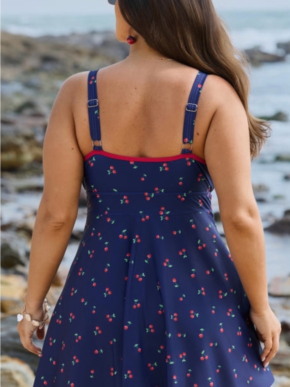 Navy Cherry Print Surplice Swim Dress with Red Trim - Picture 2 of 8